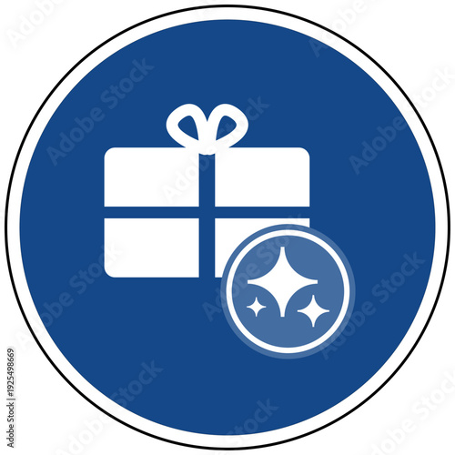 Blaues Schild mit Geschenk Paket Symbol und Sparkles für künstliche Intelligenz KI Shopping Empfehlung Smart Gifting Vektor