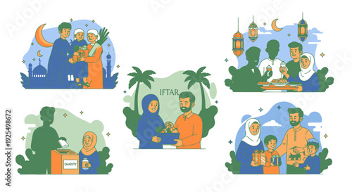 Illustrations of Muslim families celebrating Ramadan.