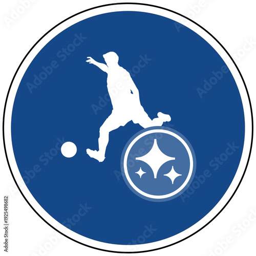 Blaues Schild mit Fußballspieler Symbol und Sparkles für künstliche Intelligenz im Sport KI Analyse Fußball Training Vektor