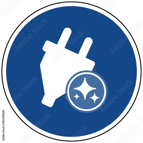 Blaues Schild mit Stecker Symbol und Sparkles für künstliche Intelligenz Smart Home Energie KI Stromversorgung Vektor