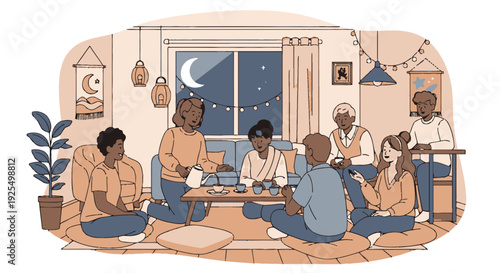 Diverse group of friends socializing indoors at night.