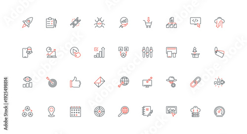 SEO, search engine optimization service to boost business line icon set. Analytics and keywords, rocket launch, feedback in social media thin black and red outline symbols vector illustration
