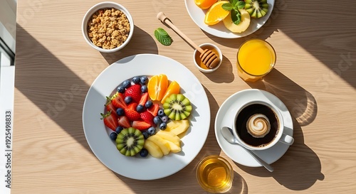 Delicious Breakfast Spread With Fruit Coffee And Granola