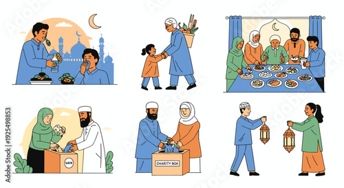 Illustrations of people breaking fast and donating food during Ramadan.