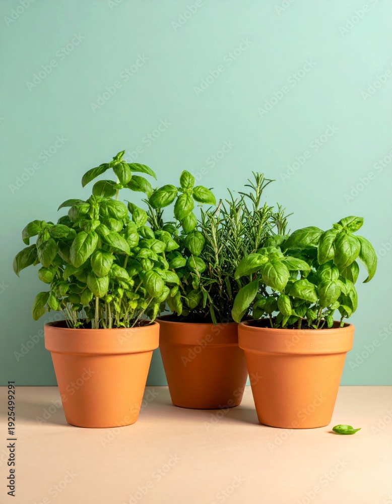 Fototapeta premium Three Potted Culinary Herbs in Terracotta Pots Against Pale Blue Background