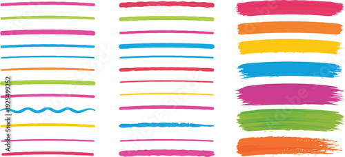 Colorful hand-drawn underline and brush stroke vector set. Includes 20 thin lines, 10 thick lines, and 6 paint strokes in various colors.