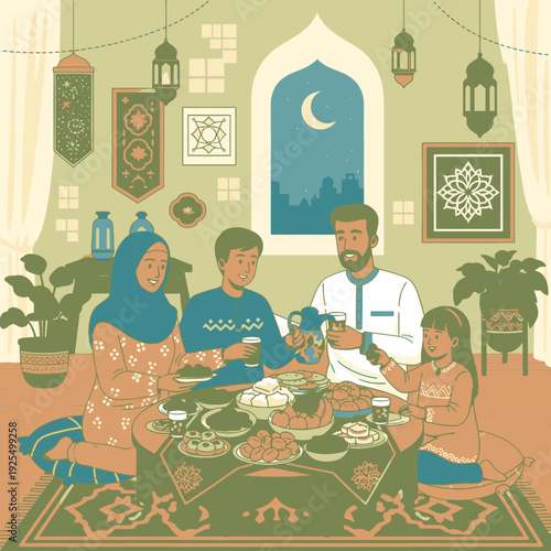 Family breaking fast during Ramadan dinner.