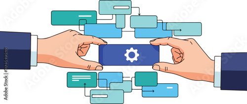 Hands exchanging a blue card with a gear icon amidst floating documents and data elements in a collaborative workflow scene
