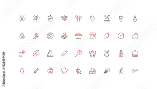 Sugar, sweet confectionery food and sweeteners line icon set. Sugar cubes, sand pile and powder, stevia plant and drugs, candy, bag and sachet thin black and red outline symbols vector illustration