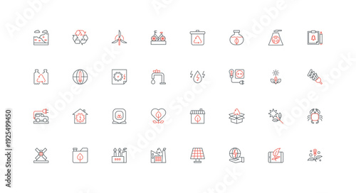 Eco friendly technology in industry, green energy and recycle for global environmental protection line icon set. Renewable resource and recycling thin black and red outline symbols vector illustration