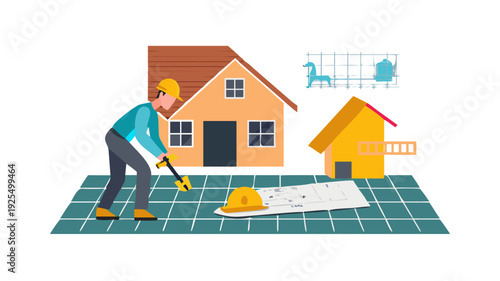 building house on blueprints with worker - construction project .vector icon
