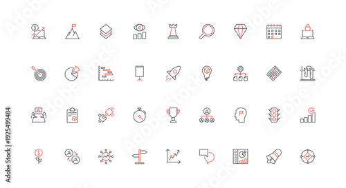 Business project, task organization management line icon set. Analytics, achievement and vision of leader, strategy and plan to manage process thin black and red outline symbols vector illustration
