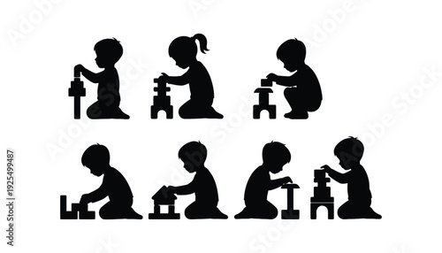 Child silhouette playing with building blocks in various poses