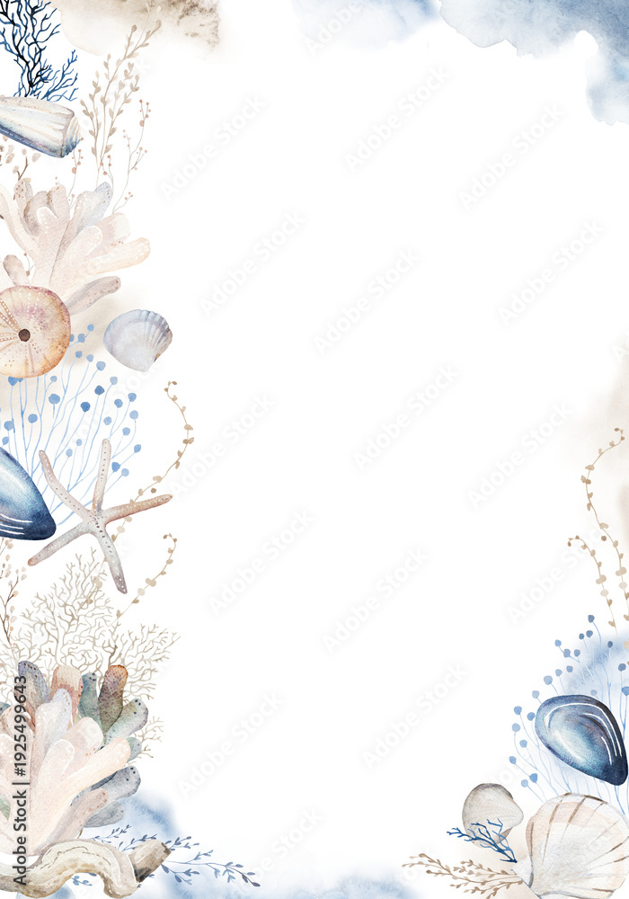 Obraz premium Frame with beige, blue and grey watercolor seashells, illustration for coastal beach wedding
