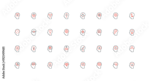 Mental health, psychology and brain processes line icon set. Human head with idea of light bulb, heart of empathy, puzzle, labyrinth inside thin black and red outline symbols vector illustration