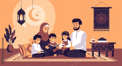 Family reading together on the floor.