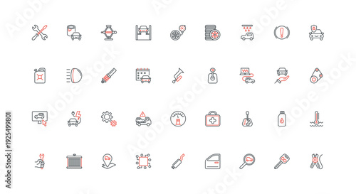 Car repair and maintenance service, diagnostics in garage, vehicle parts line icon set. Car wash, motor truck and engine, speedometer and key thin black and red outline symbols vector illustration
