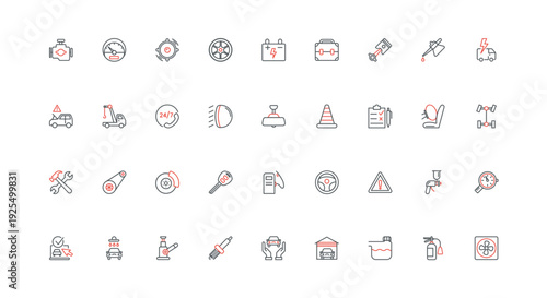 Auto shop and car service, vehicle parts and fuel, mechanic tool, gearbox line icon set. Check engine and battery, tow truck, brake and oil thin black and red outline symbols vector illustration
