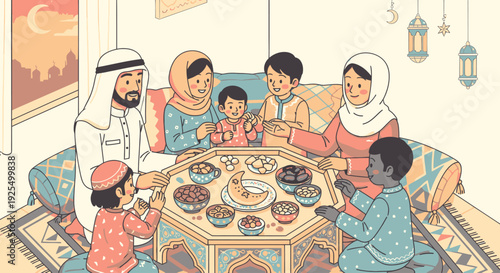 A Muslim family gathering for iftar during Ramadan.
