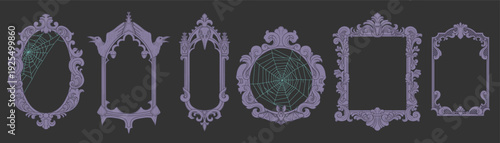 Gothic picture frame. Vintage border. Antique ornament with bat and ravens. Elegant spooky boundary. Victorian horror art. Retro design hand drawn. Vector decoration flat style isolated illustration