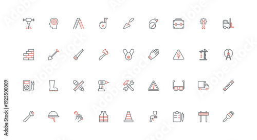 Equipment of construction site and industry worker, warning of safety rules line icon set. Personal respirator mask and hardhat, glove, glasses thin black and red outline symbols vector illustration