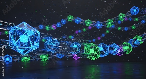 Digital blockchain network with glowing geometric nodes and particles