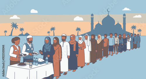 Illustration of people breaking fast during Ramadan.