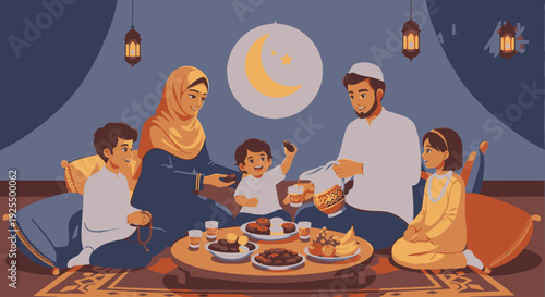 Family breaking fast during Ramadan.
