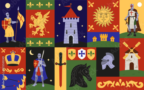 Spanish medieval war card. Historical pattern. Knight in armor. Ancient character, old army history. Heraldry design background kingdom. Vector military collage tidy cartoon colorful illustration