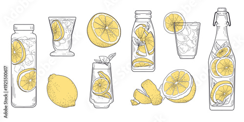 Lemon drink sketch. Hand drawn citrus cocktail. Yellow fruit in glass. Vintage summer beverage. Retro lemonade with ice. Beach holiday bottles and glasses with juice vector decor isolated elements set