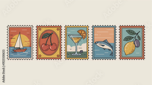 Vintage postage stamps in a row, ornate scalloped borders and frames, retro design elements, vector illustration