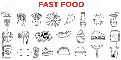 Fast food menu illustration, junk snack artwork, street dining design tribute, culinary culture graphic, casual lifestyle concept, modern food theme flat vector illustration