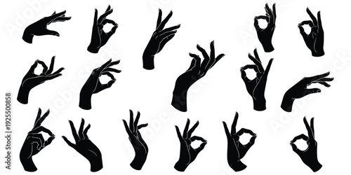 Hand gesture collection, OK sign variations, communication symbols, body language, cultural meaning, silhouette design, vector art, flat vector illustration