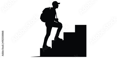 Hiker climbing stairs silhouette illustration, outdoor adventure design tribute, determination journey graphic, personal achievement concept, goal reaching flat vector illustration