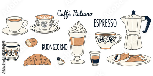 Italian coffee culture illustration, espresso tradition artwork, cappuccino pastry design tribute, café lifestyle graphic, culinary heritage concept, morning beverage theme flat vector illustration