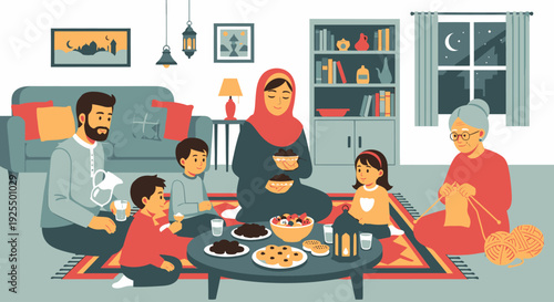 Family breaking fast together at home.