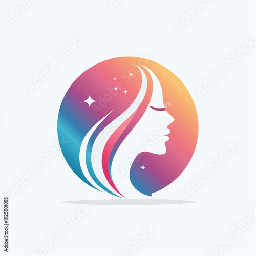 Elegant woman profile silhouette with colorful flowing hair logo design