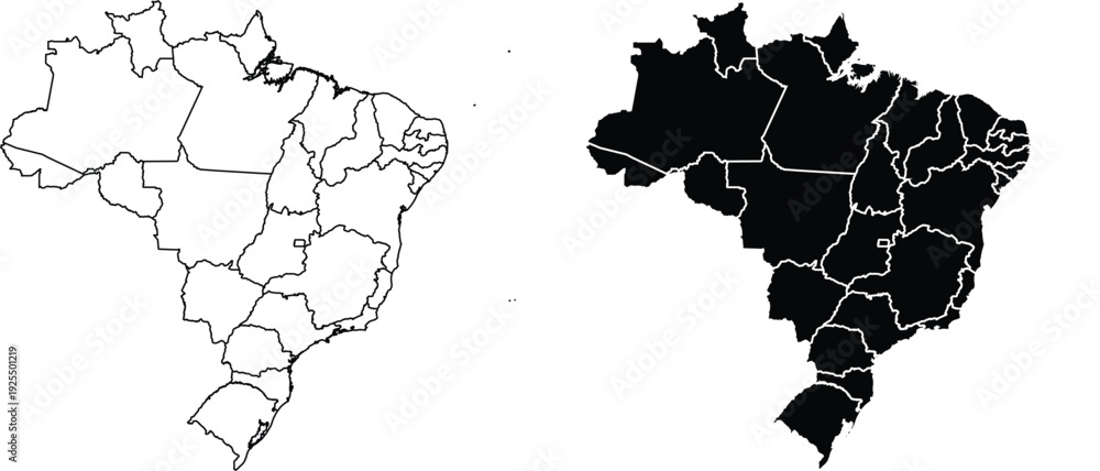 Fototapeta premium Brazil map outline and silhouette with state borders