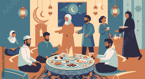 Muslim family gathering for iftar meal.