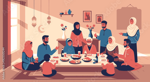 A Muslim family gathering for iftar meal.