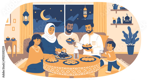 Family breaking fast during Ramadan at home.