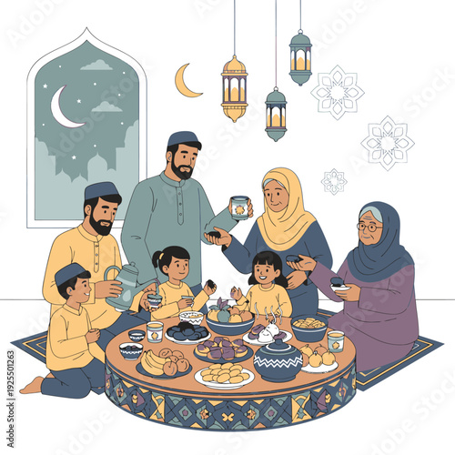 A Muslim family gathering for iftar meal.
