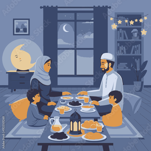 Muslim family breaking fast together at home.