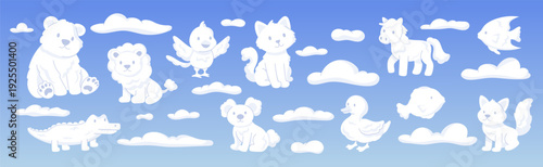 Animal white shapes. Cute characters cloud. Funny cartoon pet. Zoo cloudy for kids. Imagination children. Creature from cumulus calm, peaceful cloudscape. Vector garish comic flat style isolated set