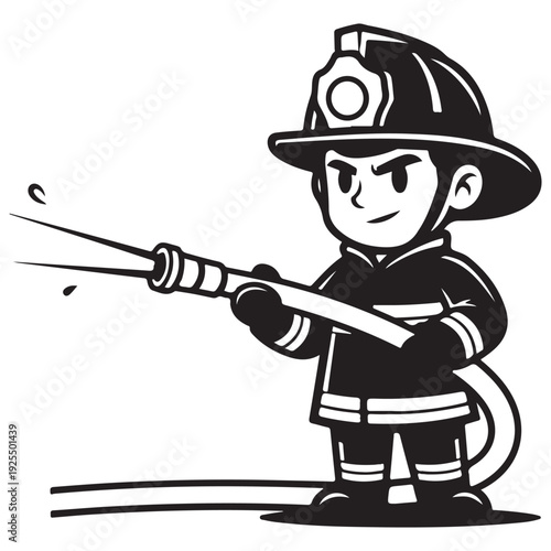Cartoon Firefighter Character Spraying Water from a Hose