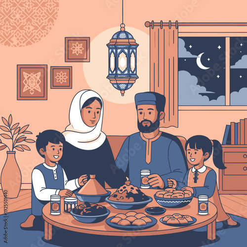 Family breaking fast during Ramadan at home.