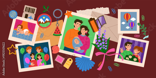 Memories poster. Family board. Scrapbook snapshot. Photo album. Collage picture. Nostalgic moment. Sentimental vintage card. Parents with children. Memo photography. Vector craft tidy couple portraits