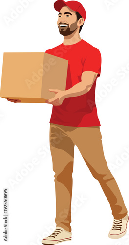 Smiling delivery man carrying large cardboard box with ease