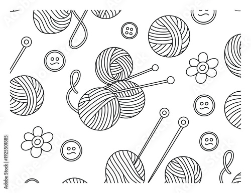 Whimsical Knitting and Crafting Pattern with Yarn, Needles, and Buttons
