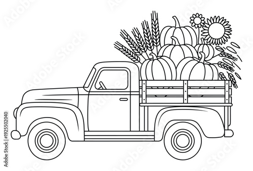 Vintage truck filled with pumpkins, wheat, and sunflowers, autumn harvest